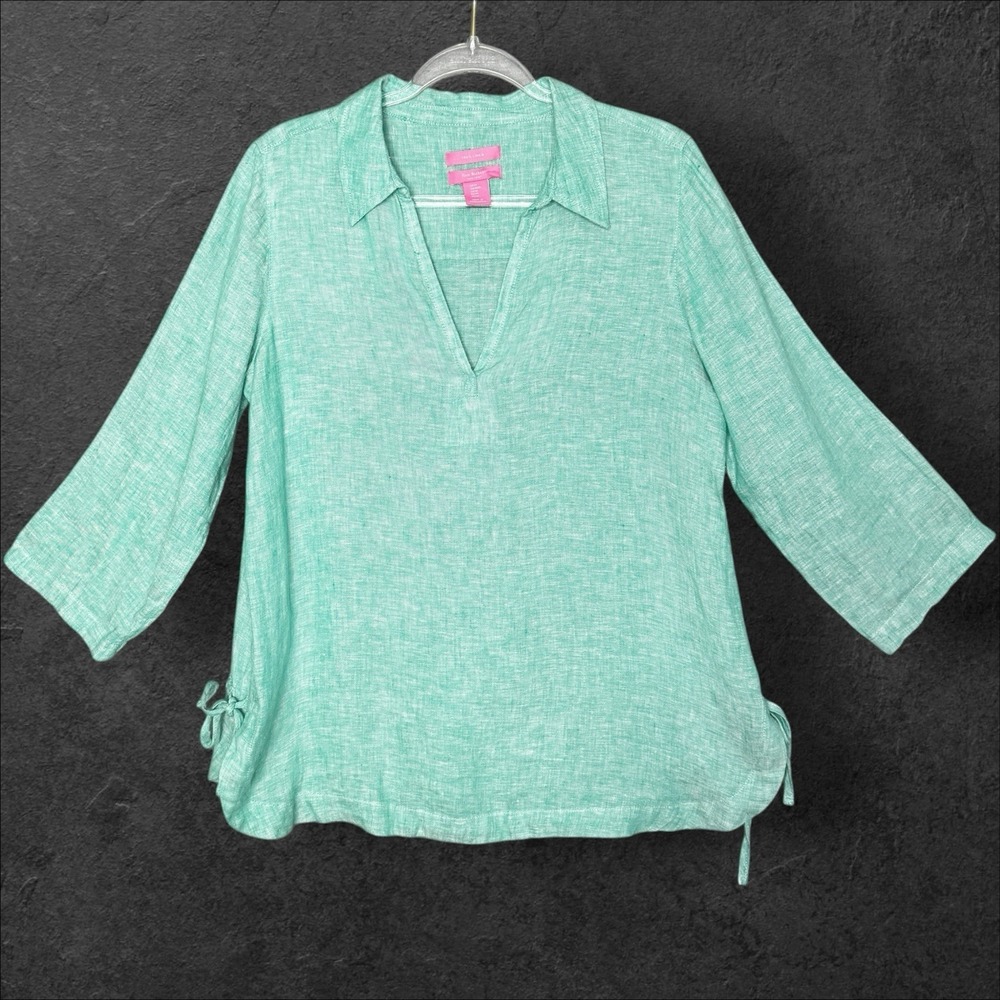 Isaac Mizrahi 100% Linen Tunic Top Women Size Medium Collared Coastal Green
